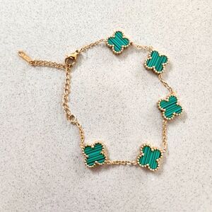 Gold Plated Stainless Steel Green Clover Bracelet 5 Petals With Extender **NEW